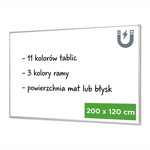 Infografika prezentująca warianty kolorystyczne, wykończenie powierzchni i wymiar tablicy magnetycznej