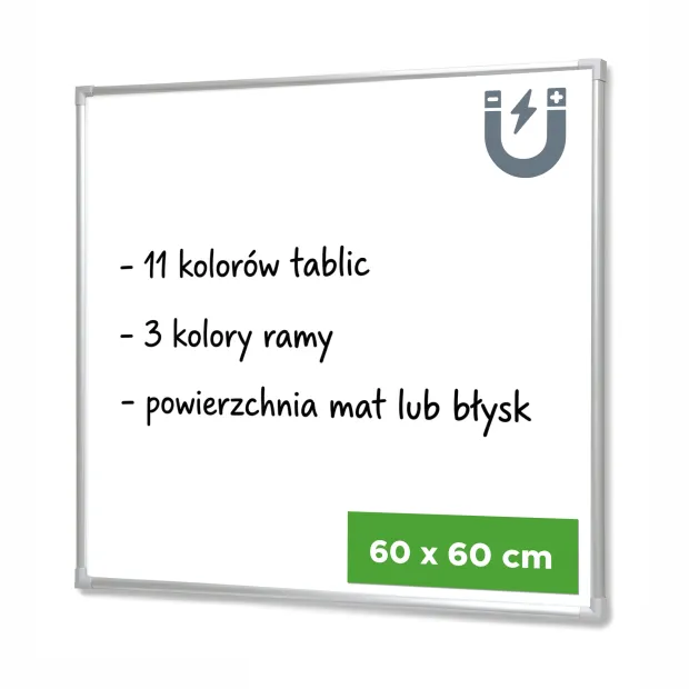 Infografika tablicy magnetycznej w ramie aluminiowej z opisem dostępnych wariantów i wymiaru