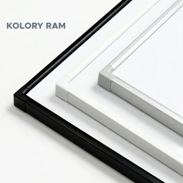 Porównanie trzech wariantów kolorystycznych aluminiowych ram tablicy: czarnej, białej i srebrnej