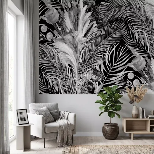 Tapeta na ścianę z czarno-białą ilustracją przedstawiającą gęste liście palm i trawę pampasową