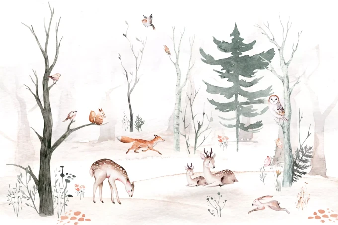 Tapeta: akwarela, ilustracja dla dzieci, zwierzęta, motyle, ptaki, drzewa