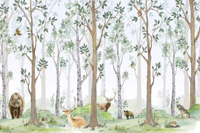 Tapeta dziecięca: ilustracja zwierzęta w lesie