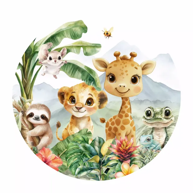 Naklejka tekstylna na ścianę: żyrafa, lwiątko, zwierzęta safari, palmy