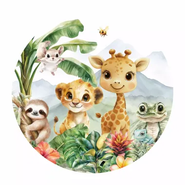 Naklejka tekstylna na ścianę: żyrafa, lwiątko, zwierzęta safari, palmy