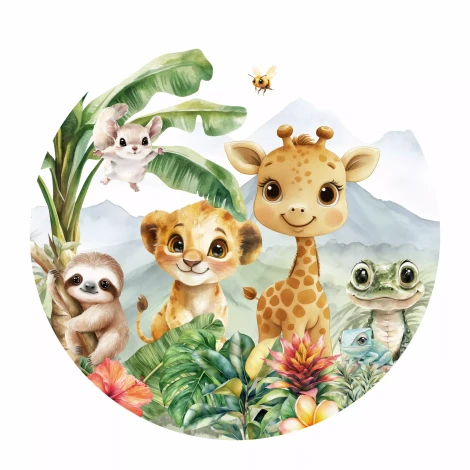 Naklejka tekstylna na ścianę: żyrafa, lwiątko, zwierzęta safari, palmy