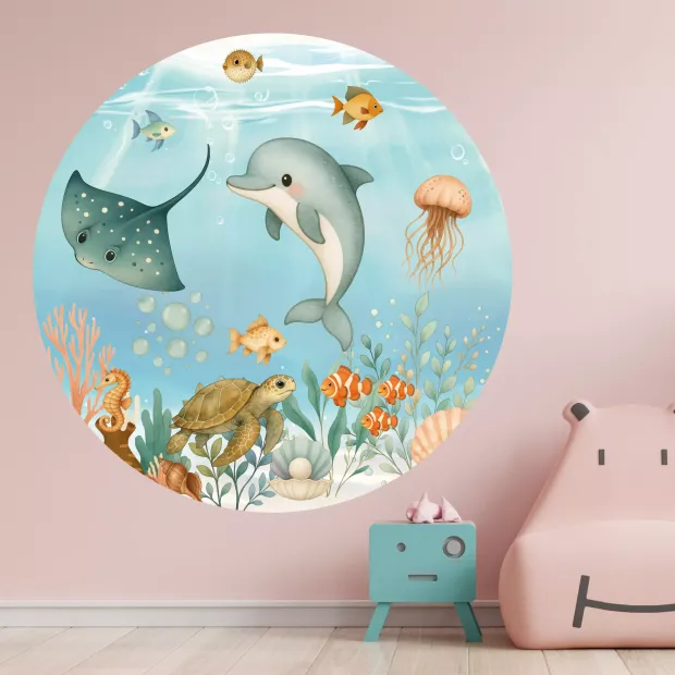 Naklejka tekstylna wielokolorowa: delfin, żółw, rybki, zwierzęta podwodne