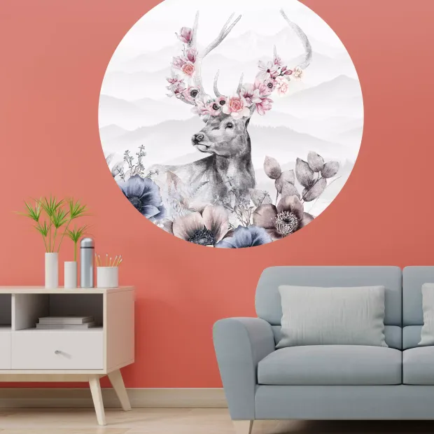 Naklejka tkaninowa, ilustracja premium: jeleń, kwiaty, w tle góry