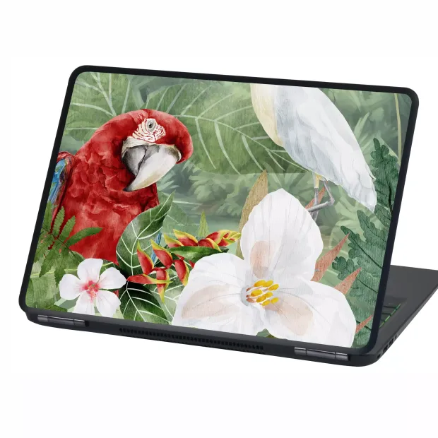 Skin na laptopa - naklejka papuga, kwiaty, liście, tropiki P564