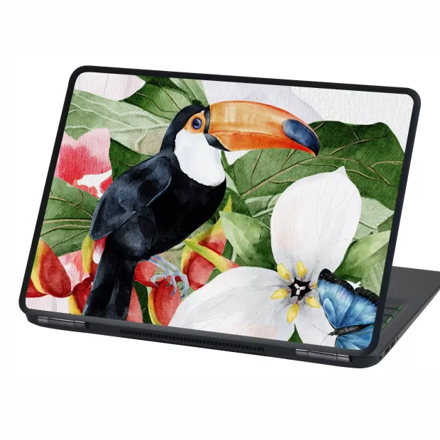 Skin na laptopa - naklejka tukan, motyl, tropikalne liście P563