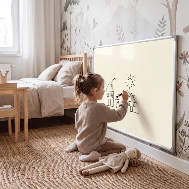 Tablica magnetyczna suchościeralna w ramie aluminiowej z przykładowym rysunkiem domków i słońca