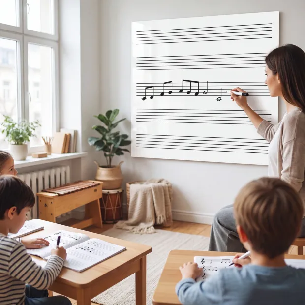 Tablica suchościeralna magnetyczna z nadrukiem pięciolinii we wnętrzu podczas lekcji muzyki