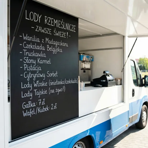 Zewnętrzna tablica kredowa zamontowana na boku food trucka z przykładowym menu lodów rzemieślniczych