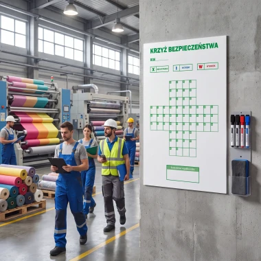 Tablica magnetyczna suchościeralna z nadrukiem rocznego krzyża bezpieczeństwa w hali produkcyjnej