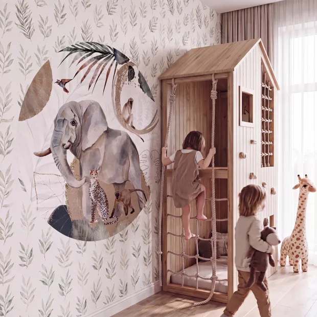Naklejka premium: ilustracja, zwierzęta sawanny, słoń, małpy, lampart