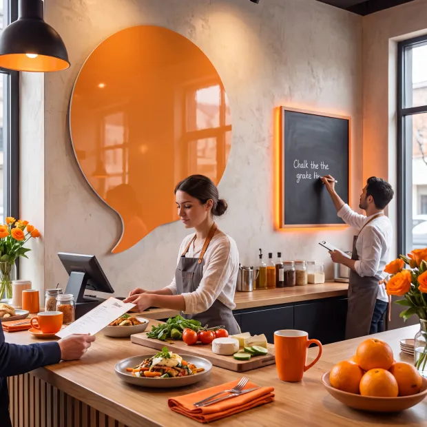 Pomarańczowa tablica magnetyczna suchościeralna w kształcie dymka we wnętrzu lokalu gastronomicznego