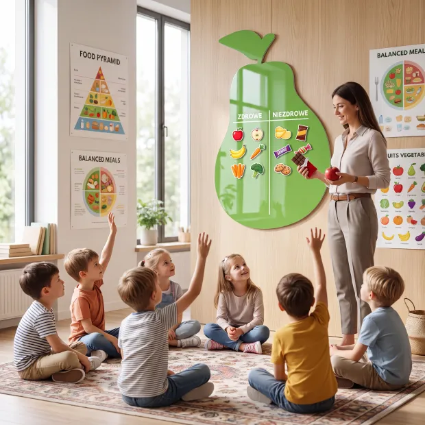 Tablica magnetyczna suchościeralna w kształcie gruszki we wnętrzu z przykładowym podziałem na produkty zdrowe i niezdrowe