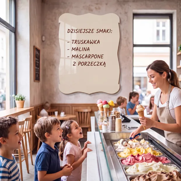 Tablica magnetyczna suchościeralna w kształcie ozdobnego zwoju z przykładowym menu lodziarni na ścianie