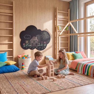 Tablica kredowa w kształcie chmurki z przykładowym rysunkiem domku i kwiatów we wnętrzu pokoju dziecięcego