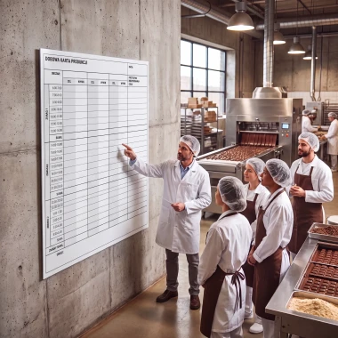Tablica suchościeralna Lean z przykładowym nadrukiem Dobowa Karta Produkcji we wnętrzu zakładu spożywczego