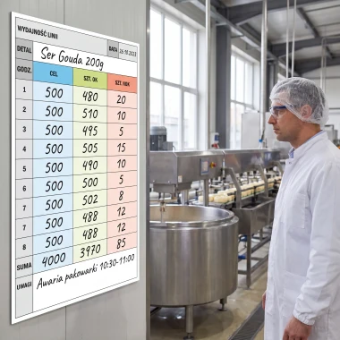 Tablica suchościeralna z przykładowym nadrukiem tabeli wydajności linii produkcyjnej na 8 godzin wdrożona u klienta