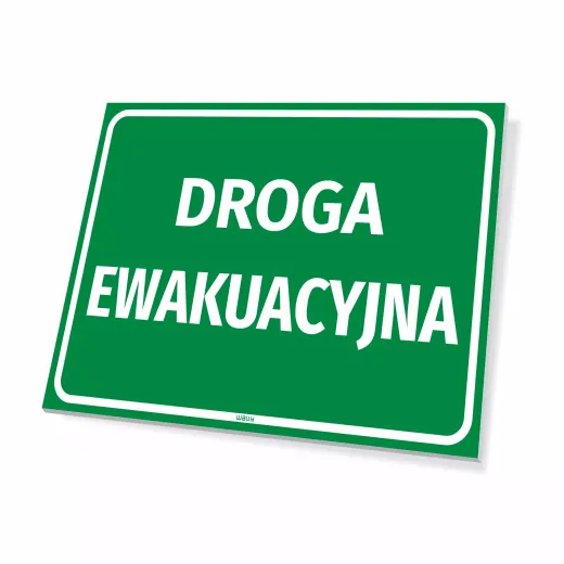 Zielona prostokątna tabliczka BHP na białe tło z białym napisem DROGA EWAKUACYJNA do oznaczenia dróg ewakuacji