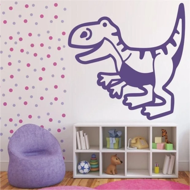 Wesoły dinozaur w pastelowych odcieniach, ożywia dziecięcy kącik zabaw, tworząc radosną atmosferę.