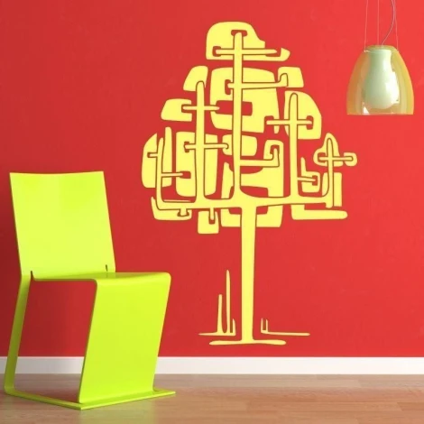 Abstrakcyjne drzewo w energetycznym żółtym odcieniu, idealne do nowoczesnego wnętrza z czerwoną ścia