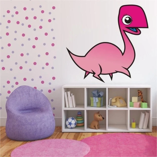 Naklejka na ścianę z różowym dinozaurem o długiej szyi i dużym oku, naklejona na ścianie