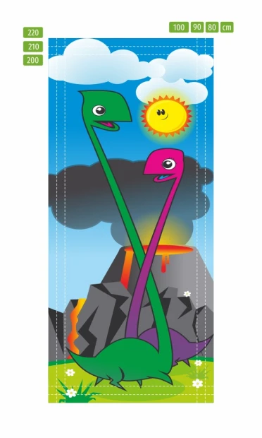 Fototapeta na drzwi z dinozaurami przedstawiona jako infografika z liniami pomocniczymi i wymiarami docięcia