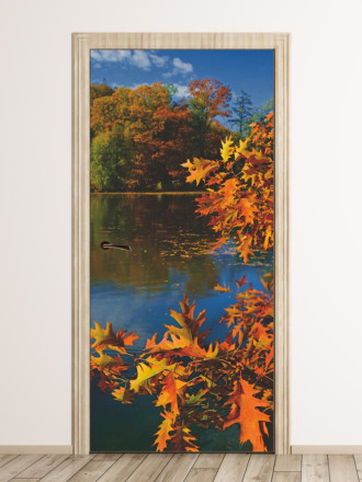 Fototapeta na drzwi jesienne liście na tle jeziora FP 6080
