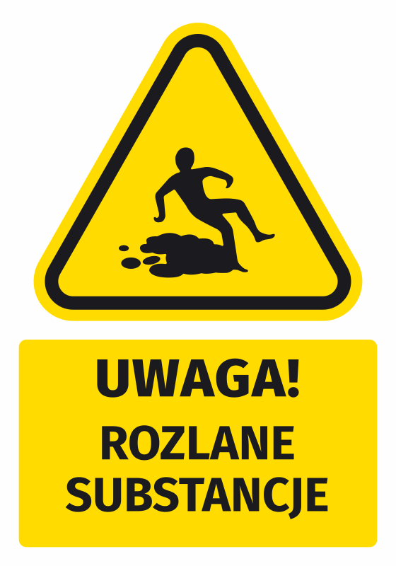 Naklejka ostrzegawcza BHP z piktogramem Uwaga! Rozlane substancje