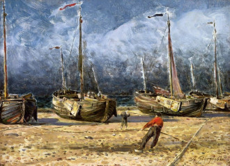 Reprodukcja Fishing boats at the shore, Gierymski Aleksander