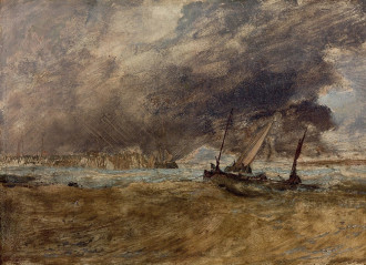 Reprodukcja Seapiece with fishing boats off a wooden pier, a gale coming in, William Turner