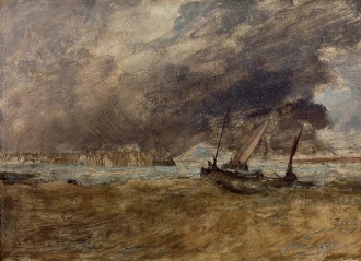 Reprodukcja Seapiece with fishing boats off a wooden pier, a gale coming in, William Turner