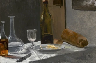 Reprodukcja Still Life with Bottle, Carafe, Bread, and Win, Claude Monet