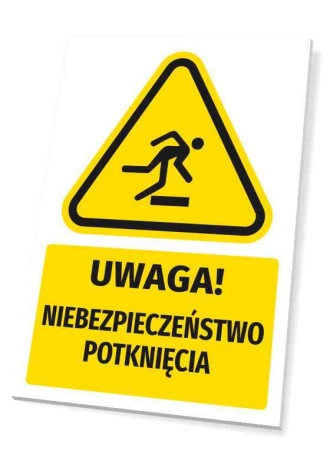 Tabliczka ostrzegawcza BHP z piktogramem Uwaga Niebezpieczeństwo potknięcia