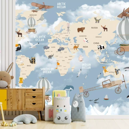 Tapeta dla dziecka Samoloty, balony, zwierzęta, mapa świata 0536 DW