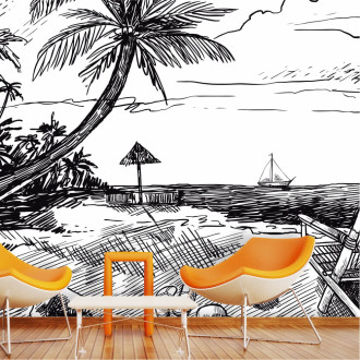Tapeta na ścianę Plaża z palmami, morze i jacht 0407