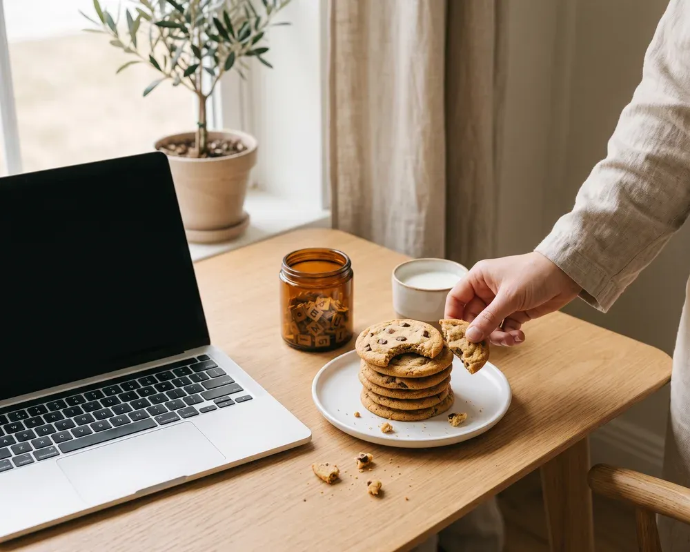 Talerz ciasteczek przy laptopie, czyli cookies dosłownie