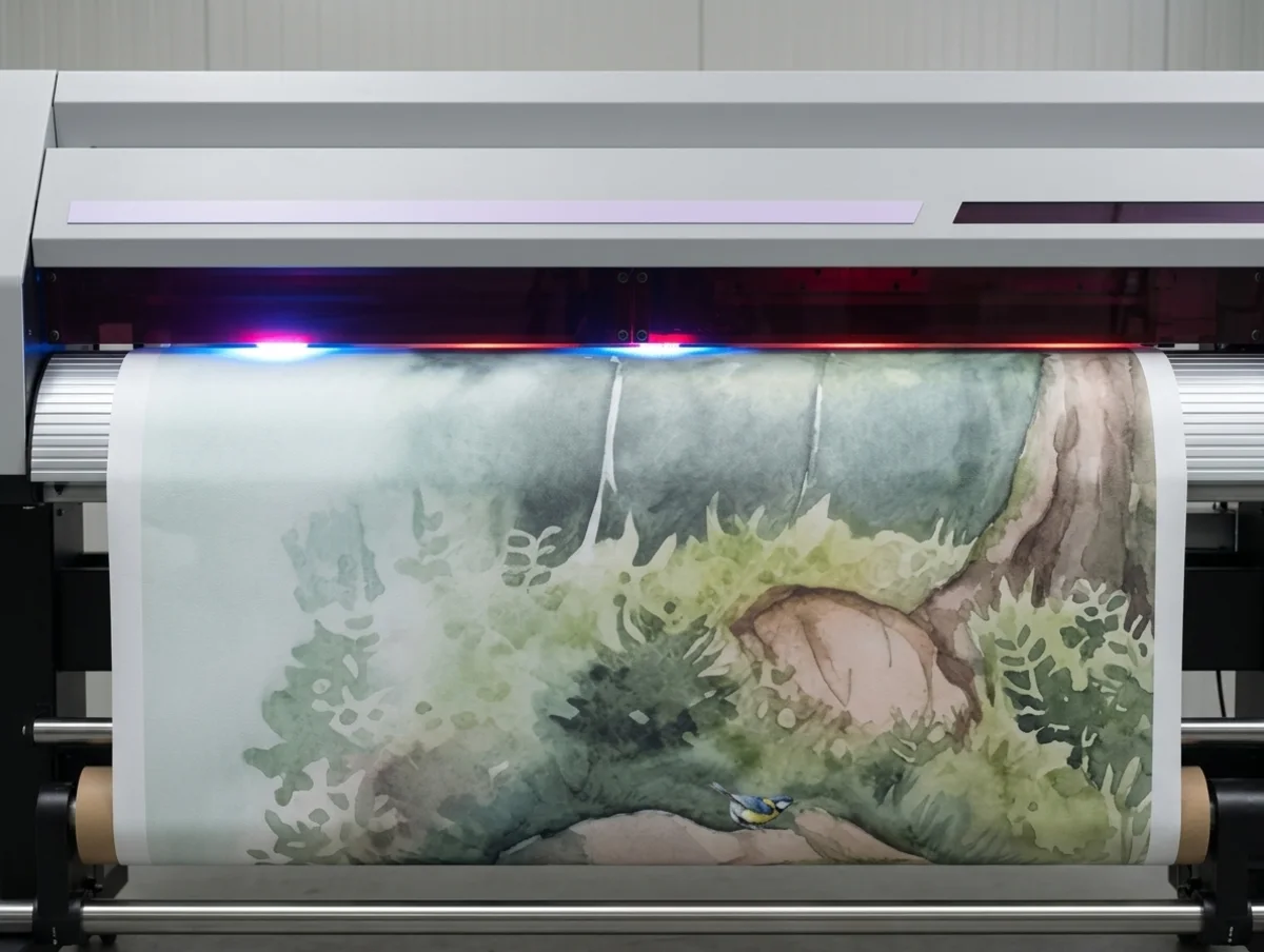 Drukarka UV Mimaki drukuje akwarelową fototapetę, spod lamp LED wychodzi gotowy zwój